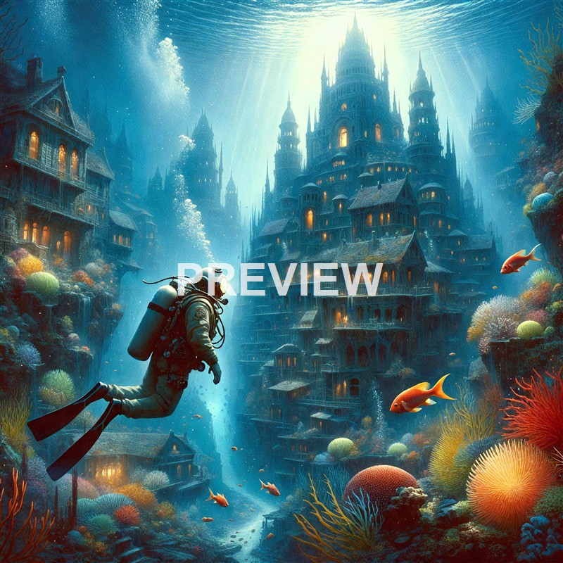 An underwater scene featuring a scuba diver approaching a large, illuminated, castle-like structure surrounded by colorful coral and fish.